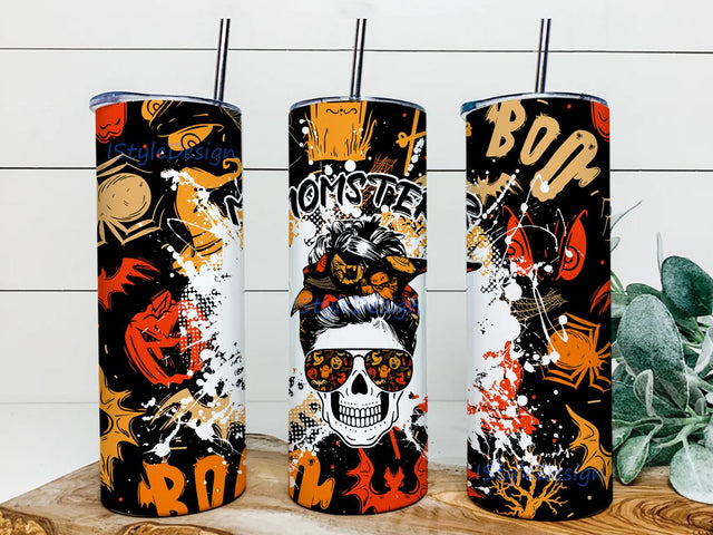Momster Halloween 20 oz Skinny Wrap Sublimation Straight/Tapered, Momster Halloween Mom Bun Hair Tumbler Sublimation Designs Sublimation BouDesign 
