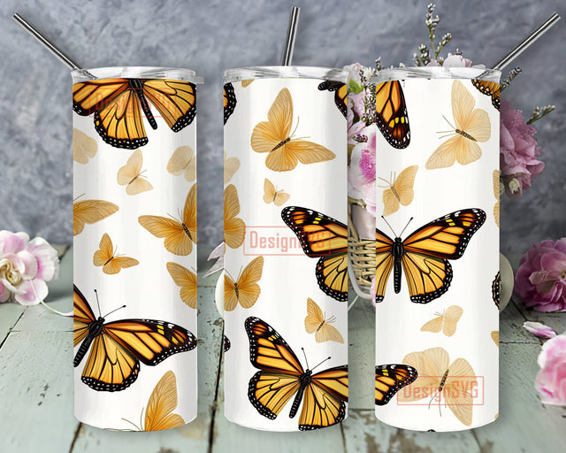 Monarch Butterflies On Cream Colored Background 20oz Skinny Tumbler Png, Monarch Butterfly Tumbler, Bufferfly Gift, Butterfly Lover Tumbler Sublimation DesignSVG 
