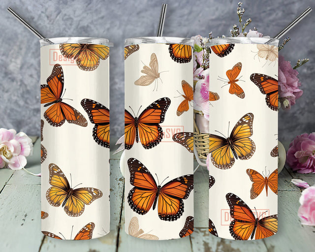 Monarch Butterflies On Cream Colored Background 20oz Skinny Tumbler Png, Monarch Butterfly Tumbler, Bufferfly Gift, Butterfly Lover Tumbler Sublimation DesignSVG 