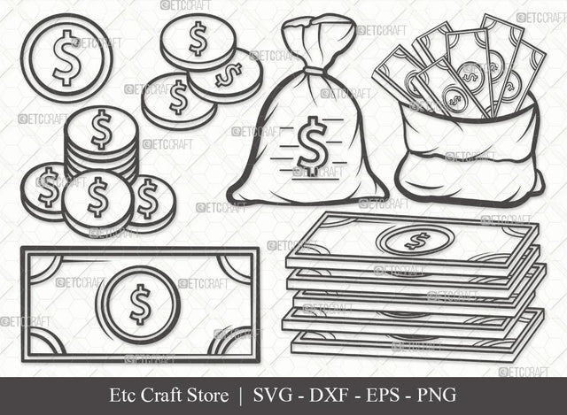 Money Outline SVG Cut File | Dollars Svg | Money Bag With Dollar Svg | Money Bag Svg | Cash Bundle SVG ETC Craft 