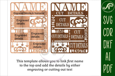 Monkey Baby stats, Birth plaque, announcement sign template SVG APInspireddesigns 