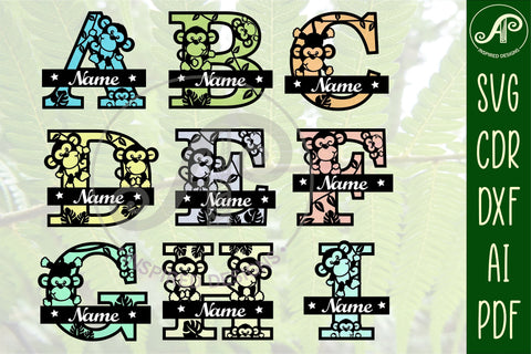 Monkey monogram letter Name signs 3 layer design SVG bundle SVG APInspireddesigns 
