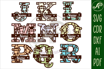 Monkey monogram letter Name signs 3 layer design SVG bundle SVG APInspireddesigns 
