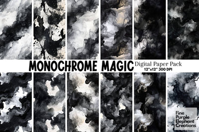 Monochrome Magic | Black and White Watercolor Digital Pattern Fine Purple Elephant Creations 