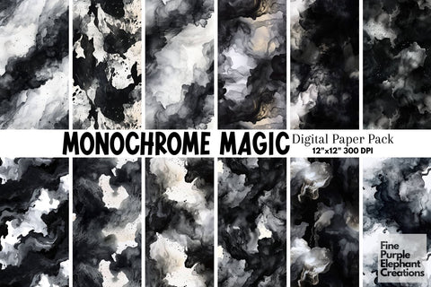 Monochrome Magic | Black and White Watercolor Digital Pattern Fine Purple Elephant Creations 