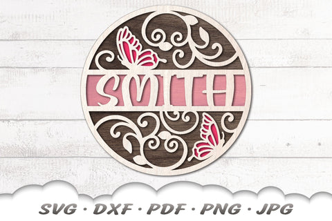 Monogram Butterfly SVG | Door Hanger SVG | Round Wood Sign SVG Cloud9Design 