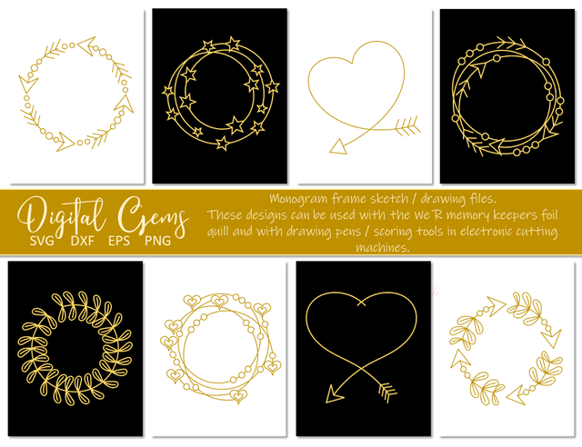 Monogram frame, single line sketch / drawing files. Foil quill designs. SVG Digital Gems 