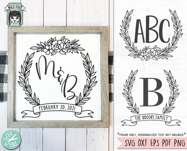 Monogram Frame SVG File, Wedding Monogram SVG, Flower Monogram Frame SVG, Floral Clipart, Wedding Crest SVG, Monogram Leaf Frame Cut File, Laurel Leaves SVG SVG Wild Pilot 