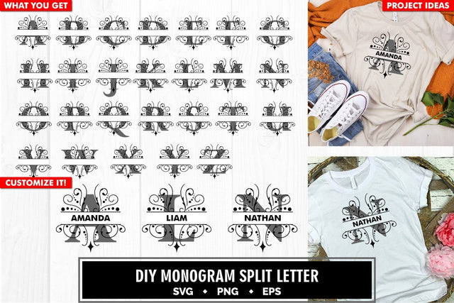 Monogram ornamental split letter a to z svg cut file SVG vectorbundles 
