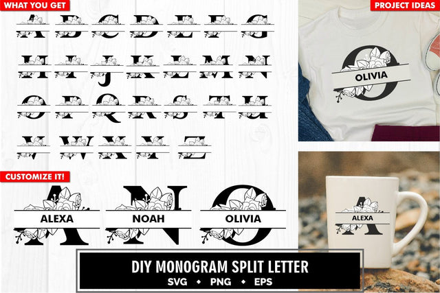 Monogram split letter a to z floral svg cut file SVG vectorbundles 