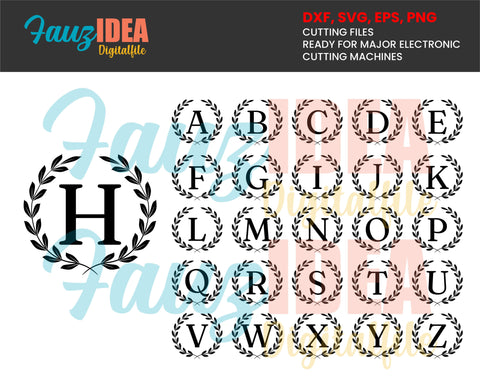 Monogram SVG/PNG, Laurel Monogram Alphabet, Digital Download for Cricut, Silhouette, Glowforge, 26 individual svg/png cut files SVG Fauz 