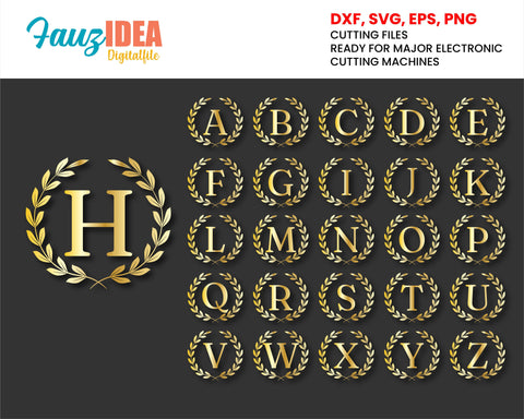 Monogram SVG/PNG, Laurel Monogram Alphabet, Digital Download for Cricut, Silhouette, Glowforge, 26 individual svg/png cut files SVG Fauz 