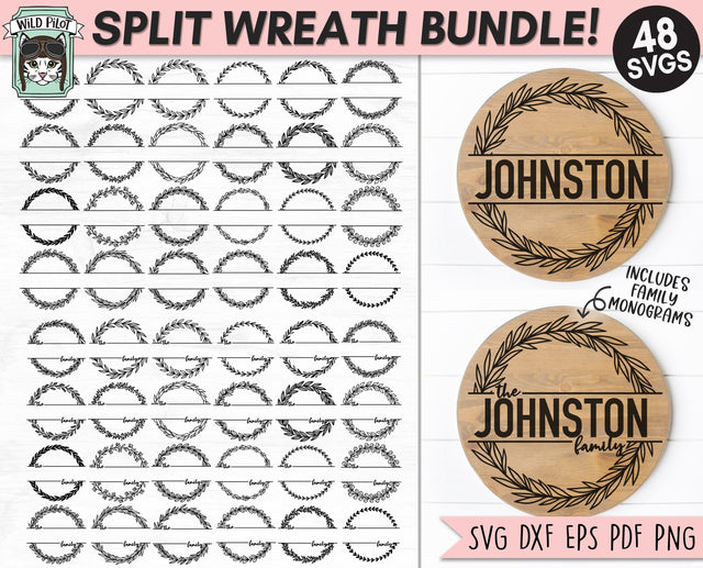 Monogram Wreath Bundle SVG, Laurel Leaf Wreath SVG files, Wreath cut file, Split Monogram Frame svg, Family Wreath Monogram svg, Leaves, Last Name svg SVG Wild Pilot 