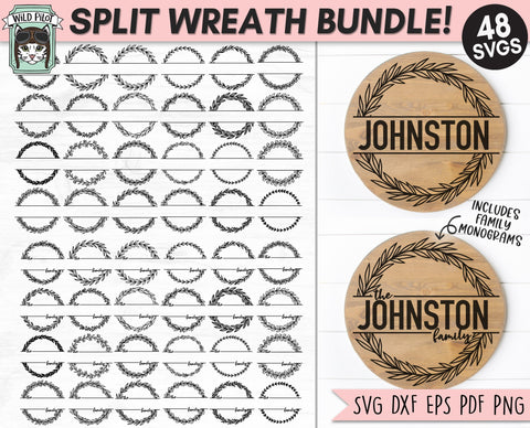 Monogram Wreath Bundle SVG, Laurel Leaf Wreath SVG files, Wreath cut file, Split Monogram Frame svg, Family Wreath Monogram svg, Leaves, Last Name svg SVG Wild Pilot 