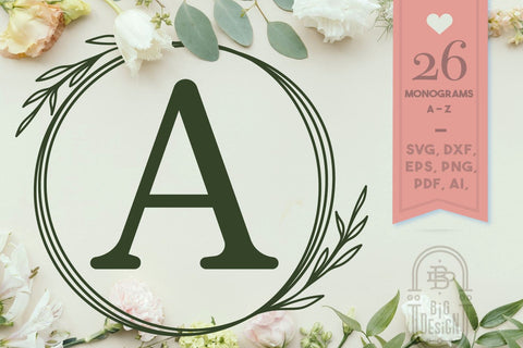 Monogram Wreath Font - Monogram with Laurel Wreath SVG SVG Big Design &Co 