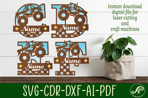 Monster truck monogram letter bundle Name signs SVG 3 layer SVG APInspireddesigns 