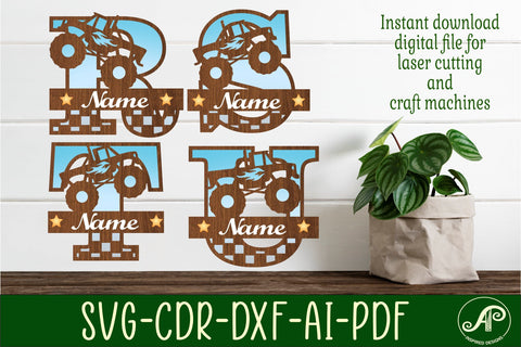 Monster truck monogram letter bundle Name signs SVG 3 layer SVG APInspireddesigns 