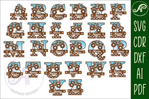 Monster truck monogram letter bundle Name signs SVG 3 layer SVG APInspireddesigns 