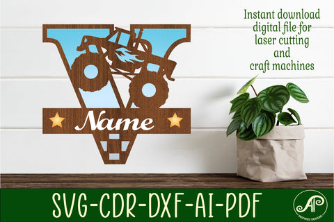 Monster Truck Monogram Letter V SVG Cut file SVG APInspireddesigns 