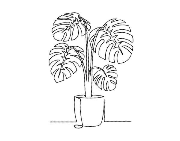 monstera plant embroidery Monstera leaf in a pot embroidery design, One line art embroidery design, 5 sizes