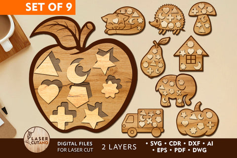 Montessori Kids Puzzle Bundle Wooden Jigsaw SVG LaserCutano 