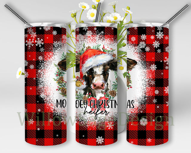 Mooey Christmas Heifer 20oz Skinny Tumbler, Christmas Cow Tumbler Png, Snowflakes Png, Christmas Buffalo Plaid Tumbler Wrap, Heifer Sublimation Design, Instant Download Sublimation WillowSageDesign 