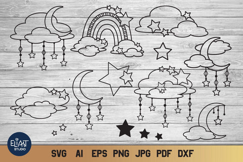 Moon and Clouds SVG Bundle, Celestial SVG with Stars, Rainbow SVG. SVG Elinorka 