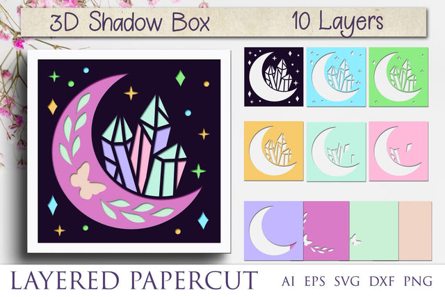 Moon and crystals light box, 3d layered shadow box svg template 3D Paper AnastasiyaArtDesign 