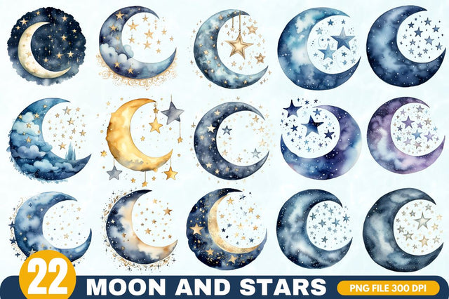 Moon and Stars Watercolor bundle Sublimation Regulrcrative 