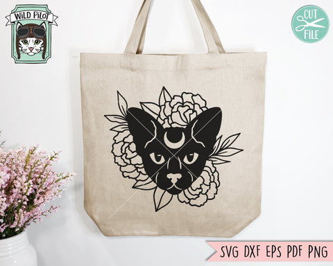 Moon Cat svg file, Moon Cat Floral svg, Witchy svg file, Witchy cut file, Sphinx Cat, Hairless Cat with Moon cut file, Mystical svg file SVG Wild Pilot 