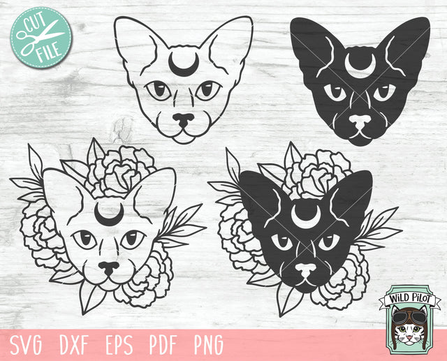 Moon Cat svg file, Moon Cat Floral svg, Witchy svg file, Witchy cut file, Sphinx Cat, Hairless Cat with Moon cut file, Mystical svg file SVG Wild Pilot 