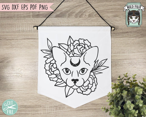 Moon Cat svg file, Moon Cat Floral svg, Witchy svg file, Witchy cut file, Sphinx Cat, Hairless Cat with Moon cut file, Mystical svg file SVG Wild Pilot 