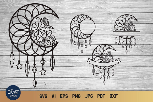 Moon Dream Catcher SVG, Boho SVG, Split Monogram. SVG Elinorka 
