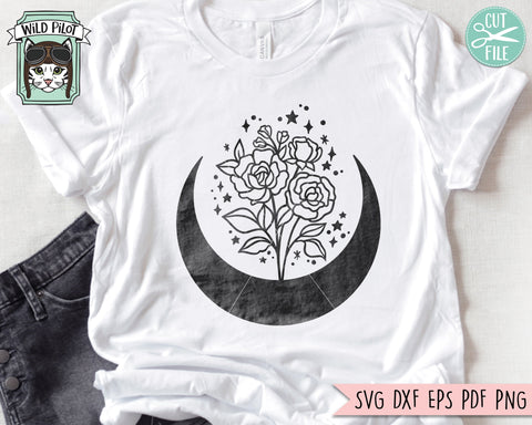 Moon Flowers SVG File, Moon Floral SVG File, Moon PNG, Flowers png, Crescent Moon svg, Flowers Clipart, Floral Clipart, Floral png SVG Wild Pilot 