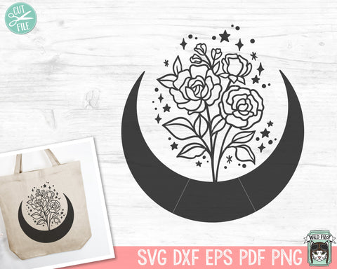 Moon Flowers SVG File, Moon Floral SVG File, Moon PNG, Flowers png, Crescent Moon svg, Flowers Clipart, Floral Clipart, Floral png SVG Wild Pilot 