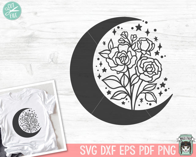 Moon Flowers SVG File, Moon Floral SVG File, Moon PNG, Flowers png, Crescent Moon svg, Flowers Clipart, Floral Clipart, Floral png SVG Wild Pilot 