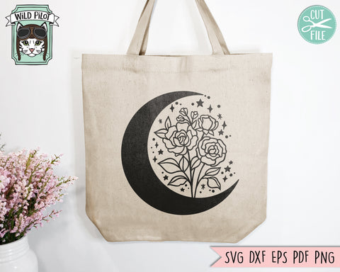 Moon Flowers SVG File, Moon Floral SVG File, Moon PNG, Flowers png, Crescent Moon svg, Flowers Clipart, Floral Clipart, Floral png SVG Wild Pilot 