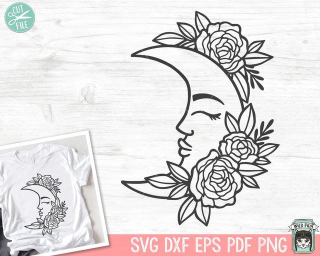 Moon Flowers svg file, Moon Floral svg, Man in the Moon svg file, Moon Face with Flowers, Moon Flower cut file, Moon Face Profile svg file SVG Wild Pilot 