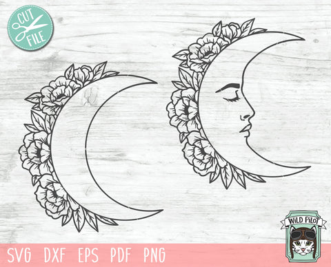 Moon Flowers SVG File, Moon Floral SVG, Man in the Moon SVG File, Moon Face with Flowers SVG, Moon Flower Cut File, Moon Face Profile SVG File SVG Wild Pilot 