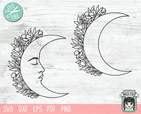 Moon Flowers SVG File, Moon Floral SVG, Moon Face With Flowers SVG File, Moon Flower Cut File, Moon Profile SVG File SVG Wild Pilot 