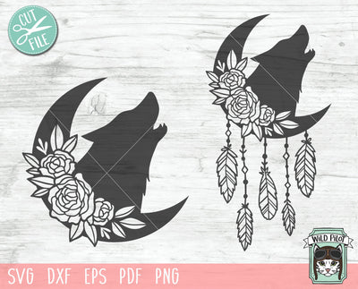 Moon Flowers SVG File, Wolf Floral SVG, Dreamcatcher SVG File, Wolf Moon SVG, Dreamcatcher Flowers SVG, Dreamcatcher Cut File, Feathers SVG, Boho SVG SVG Wild Pilot 