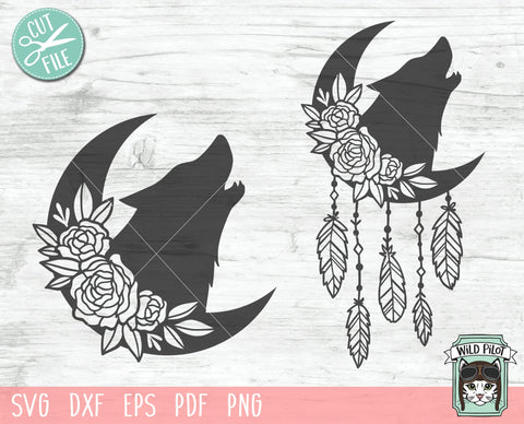 Moon Flowers SVG File, Wolf Floral SVG, Dreamcatcher SVG File, Wolf Moon SVG, Dreamcatcher Flowers SVG, Dreamcatcher Cut File, Feathers SVG, Boho SVG SVG Wild Pilot 
