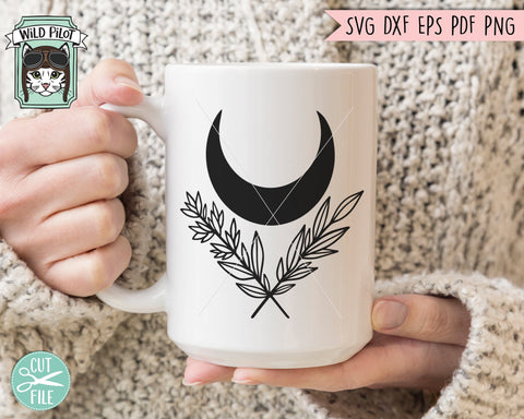 Moon Laurel Leaves SVG Cut File, Moon Laurel Leaf Border SVG Cut File, Moon SVG, Moon Cut File, Mystical Cut File, Witchy svg, Moon Clipart SVG Wild Pilot 