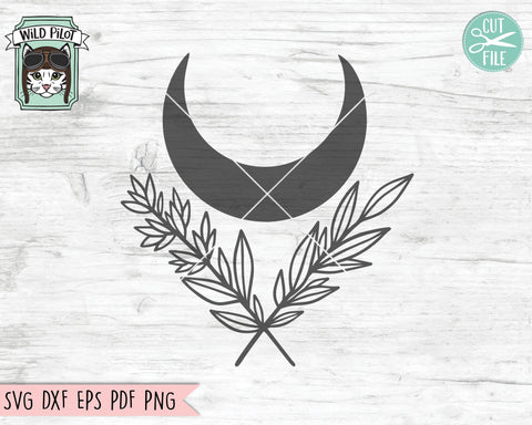 Moon Laurel Leaves SVG Cut File, Moon Laurel Leaf Border SVG Cut File, Moon SVG, Moon Cut File, Mystical Cut File, Witchy svg, Moon Clipart SVG Wild Pilot 