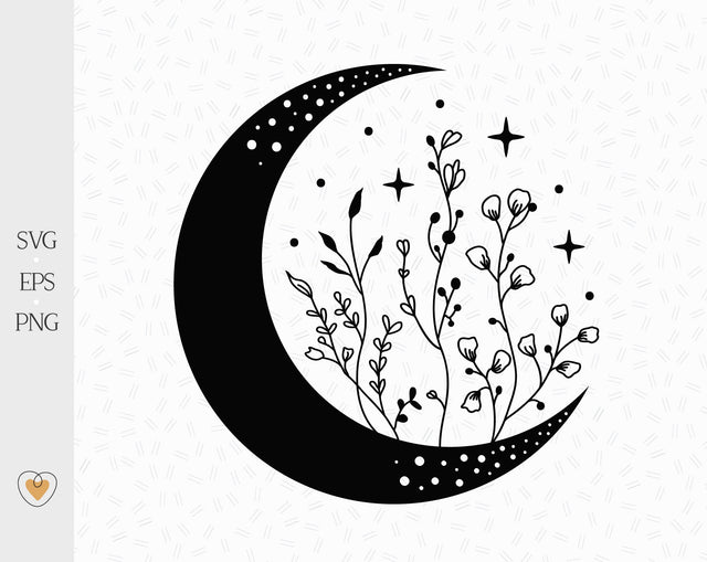 Moon svg, Crescent moon svg, Floral moon svg, Celestial svg, Flower moon png SVG Pretty Meerkat 