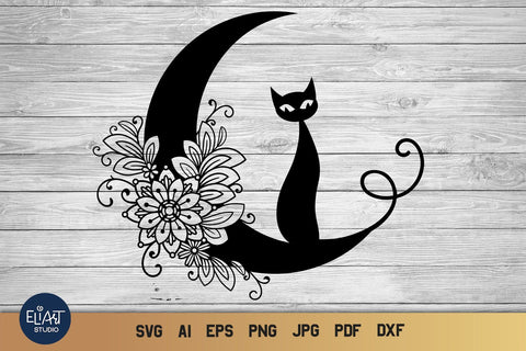 Moon SVG, Crescent Moon SVG with Cat and Flowers, Half Moon SVG, Cat SVG. SVG Elinorka 