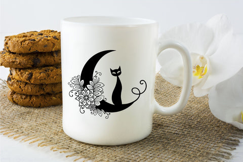 Moon SVG, Crescent Moon SVG with Cat and Flowers, Half Moon SVG, Cat SVG. SVG Elinorka 