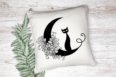 Moon SVG, Crescent Moon SVG with Cat and Flowers, Half Moon SVG, Cat SVG. SVG Elinorka 