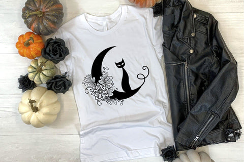 Moon SVG, Crescent Moon SVG with Cat and Flowers, Half Moon SVG, Cat SVG. SVG Elinorka 