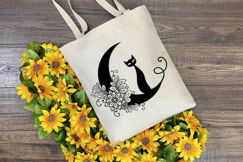 Moon SVG, Crescent Moon SVG with Cat and Flowers, Half Moon SVG, Cat SVG. SVG Elinorka 